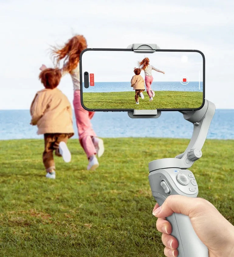 Grey ABS handheld three-axis anti-shake stabiliser with AI face tracking, fill light and camera strap