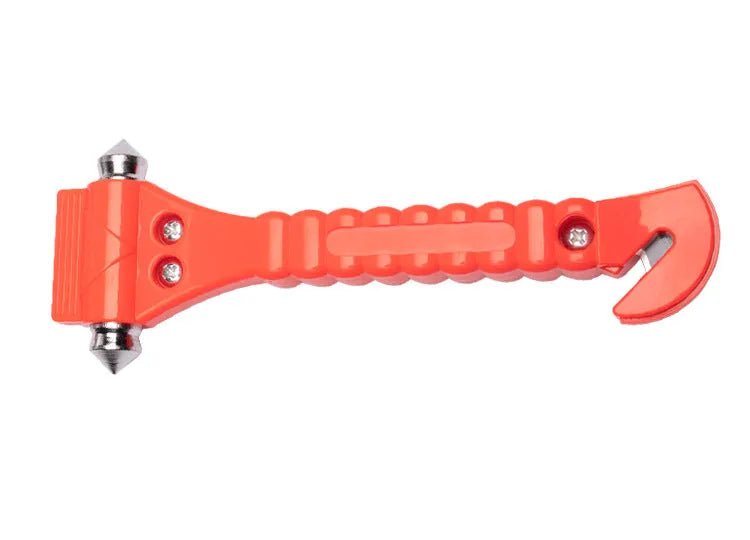 Red car emergency escape hammer with seatbelt cutter, made from ABS and carbon steel.