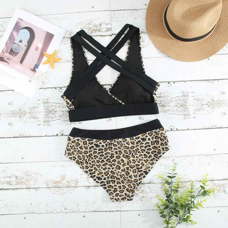 Leopard print cross banded bikini with V-neck split, sizes S-2XL, 80% nylon lining