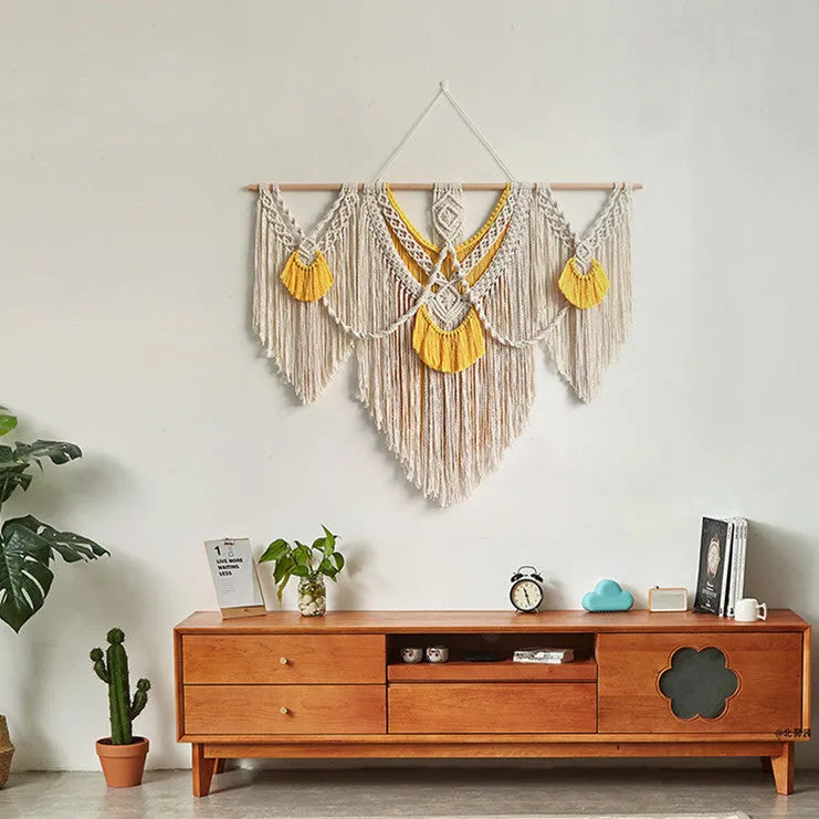 Hand-woven creamy-white cotton tapestry with Nordic design measuring 120cm by 95cm