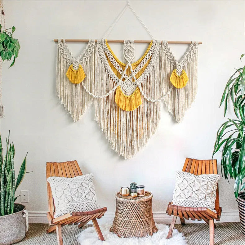 Hand-woven creamy-white cotton tapestry with textured surface, rectangular shape measuring 120 by 95 centimetres