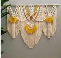 Hand-woven creamy-white cotton tapestry with rectangular shape measuring 120 by 95cm showing textured Nordic design