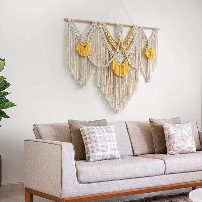 Hand-woven creamy-white cotton tapestry with Nordic design measuring 120cm by 95cm