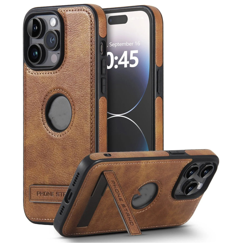Imitation leather bracket phone case for iPhone 12-15 in black, camel, or dark blue, with built-in stand.