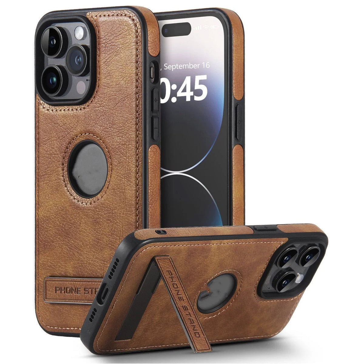 Imitation leather bracket phone case for iPhone 12-15 in black, camel, or dark blue, with built-in stand.
