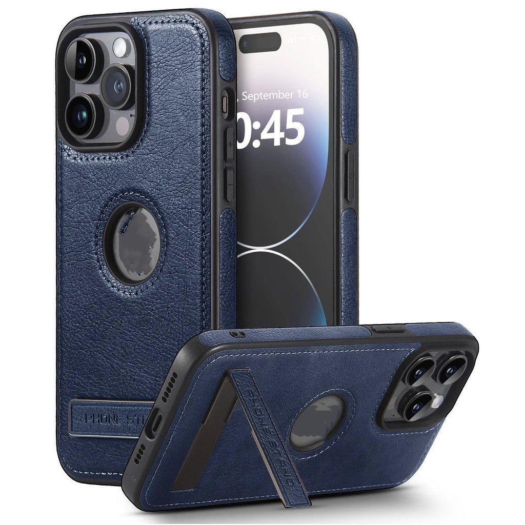 Imitation leather bracket phone case for iPhone 12-15 in black, camel, or dark blue, with built-in stand.