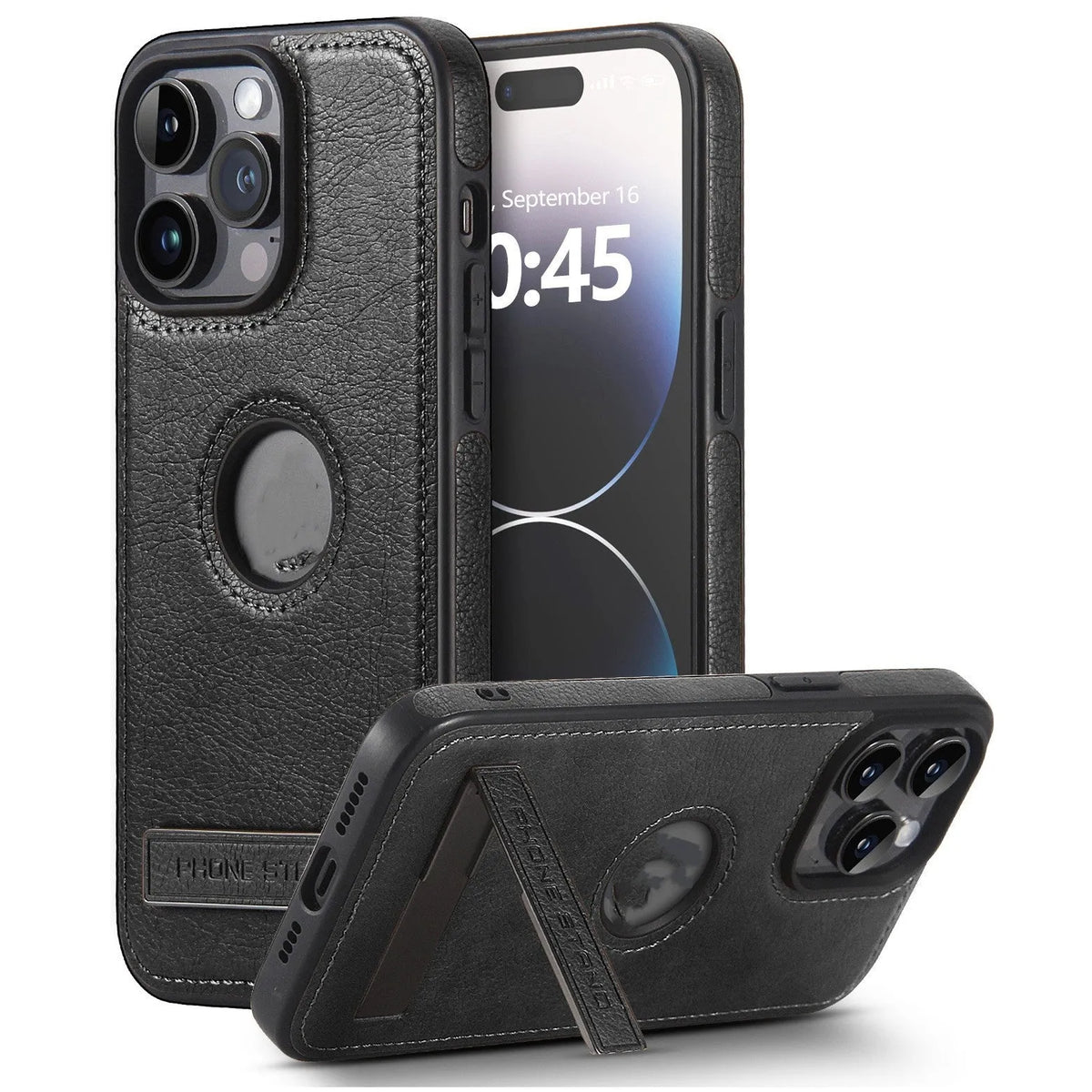 Imitation leather bracket phone case for iPhone 12-15 in black, camel, or dark blue, with built-in stand.