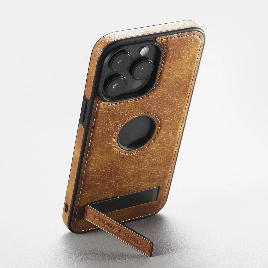 Imitation leather bracket phone case for iPhone 12-15 in black, camel, or dark blue, with built-in stand.