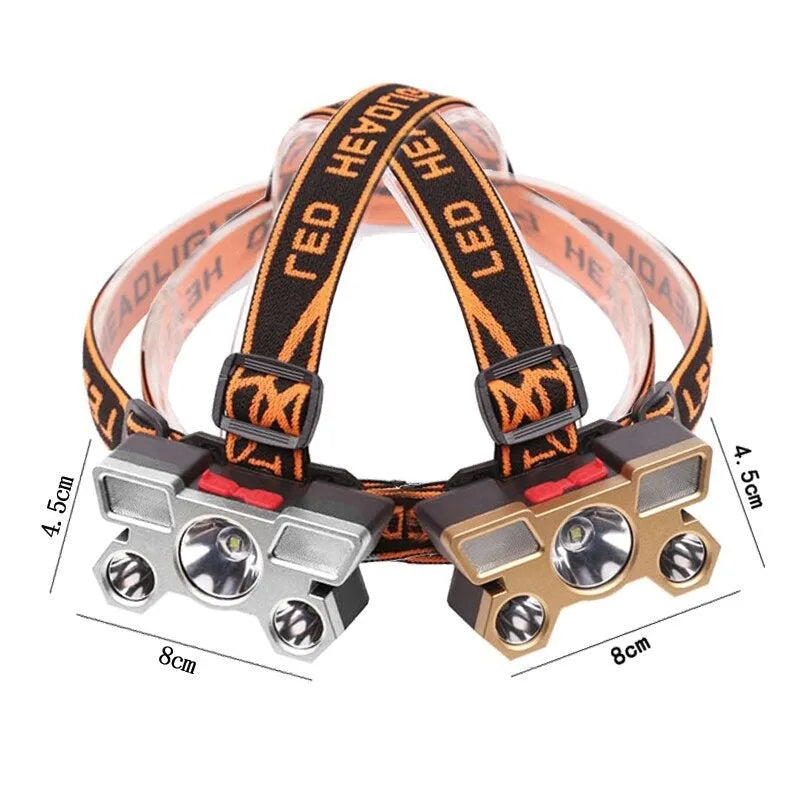 Head-mounted LED miner's lamp with adjustable strip, PVC construction, 10W power, 2400mAh battery