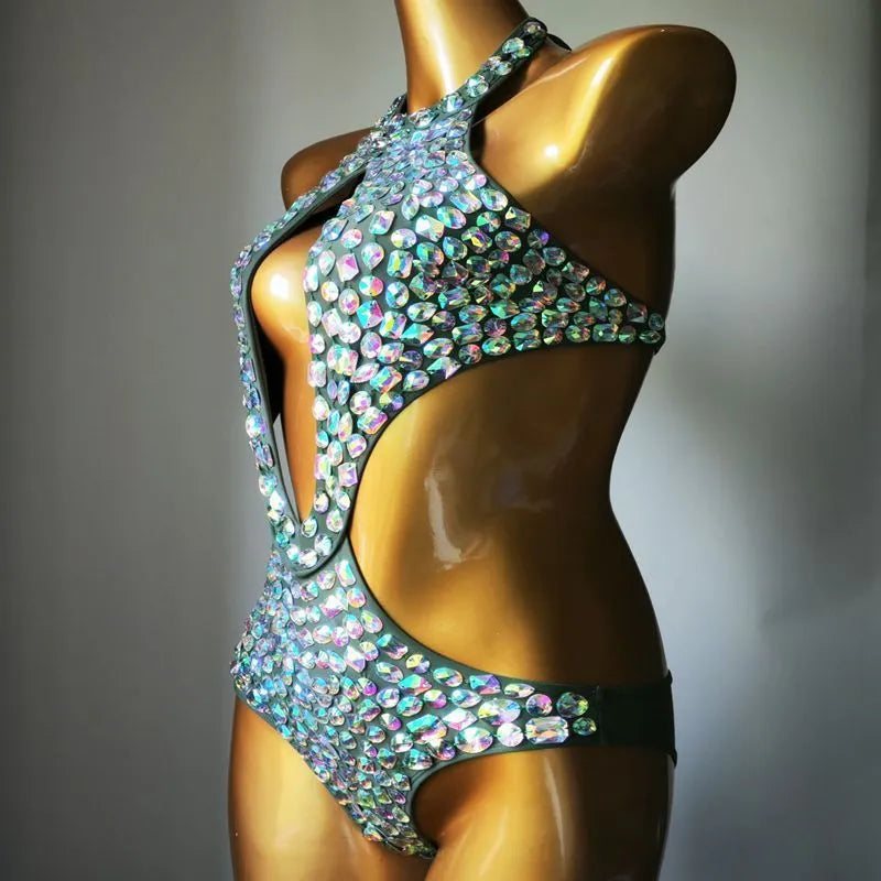 Women's one-piece mesh diamond swimsuit in black, light green, Army Green, or Brown with nylon fabric and polyester lining