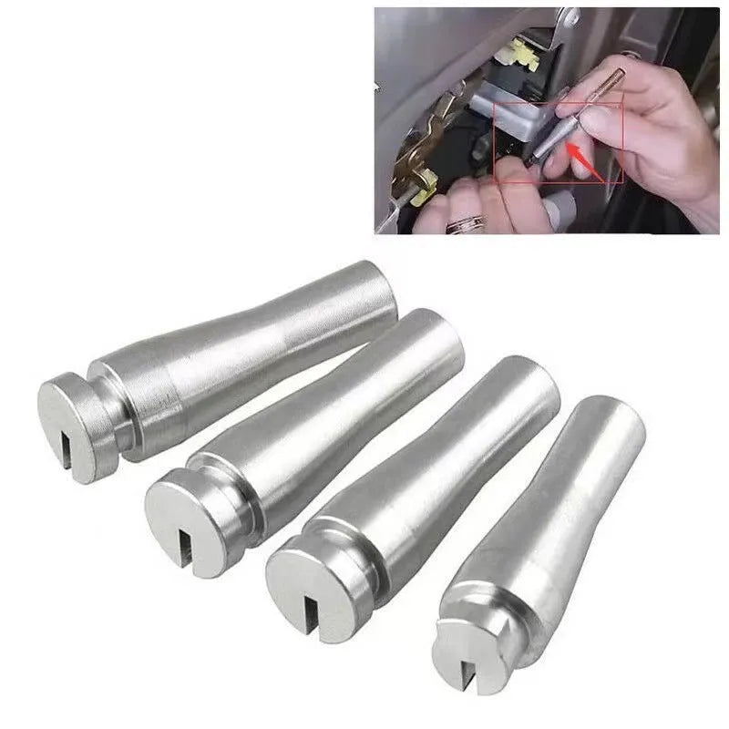 Four silver aluminium auto parts for Ford F-Series cab latch cable repair.