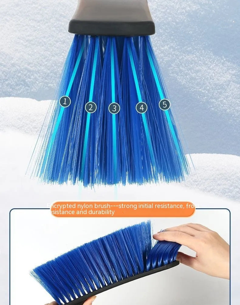 Blue and yellow telescopic car snow brushes with ice scrapers for winter vehicle clearing