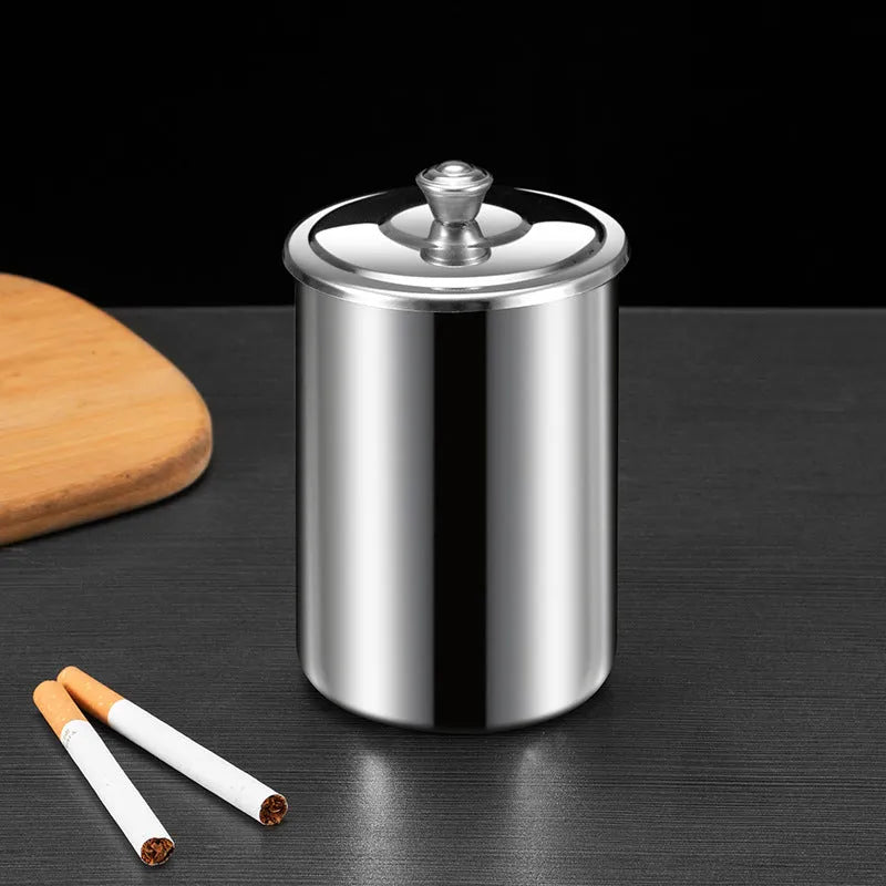 Stainless steel fly ash ashtray with cover, funnel and smoke button