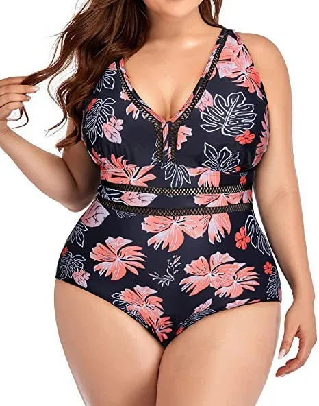 Women's plus-size black bikini with printing, mesh fabric stitching, sizes S to 5XL for swimming