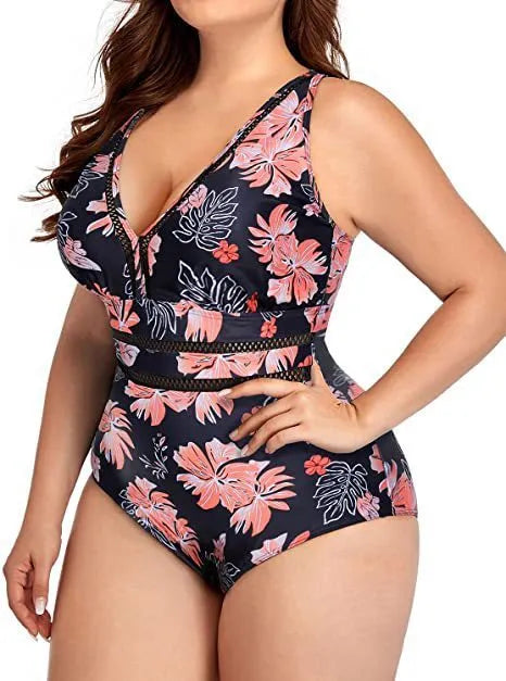 Women's plus-size black bikini with printing, mesh fabric stitching, sizes S to 5XL for swimming