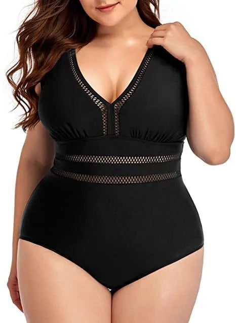 Women's plus-size black bikini with printing, mesh fabric stitching, sizes S to 5XL for swimming