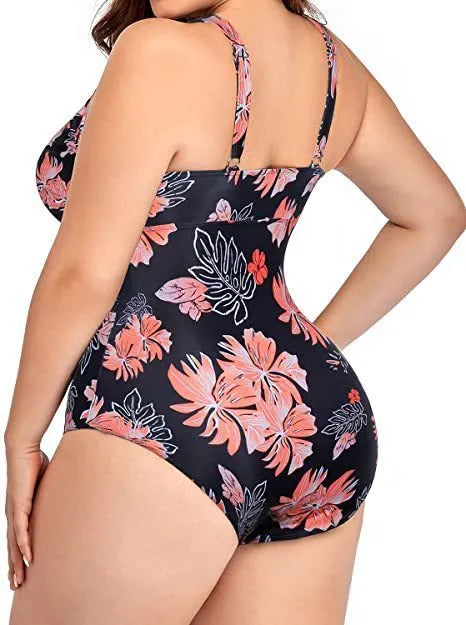 Women's plus-size black bikini with printing, mesh fabric stitching, sizes S to 5XL for swimming