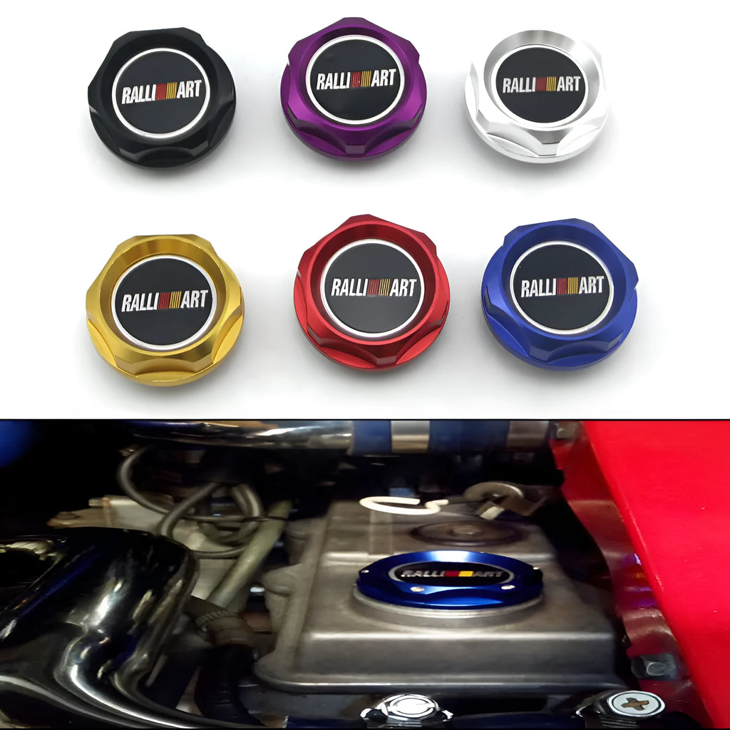 Aluminium oil filter cap for Mitsubishi cars in six colour options: red, blue, gold, silver, black, purple.