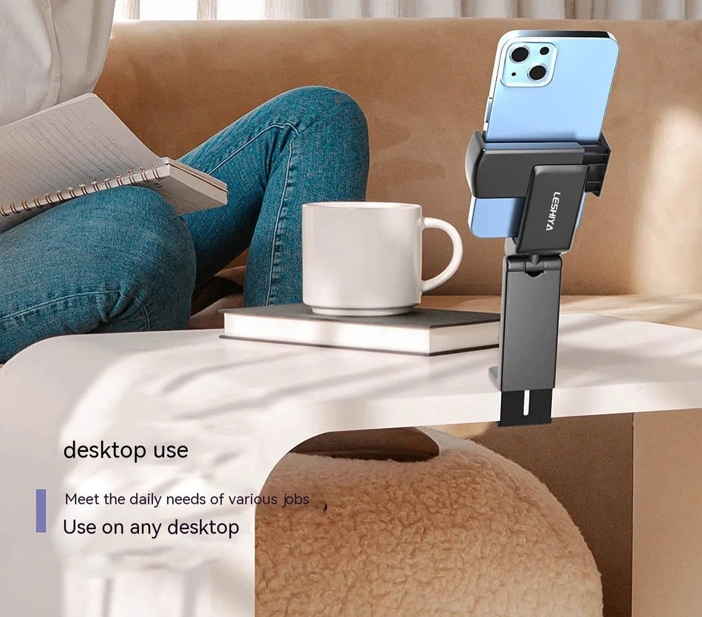 Foldable rotating phone holder in black, green, or grey, showing 360-degree adjustment and compact design