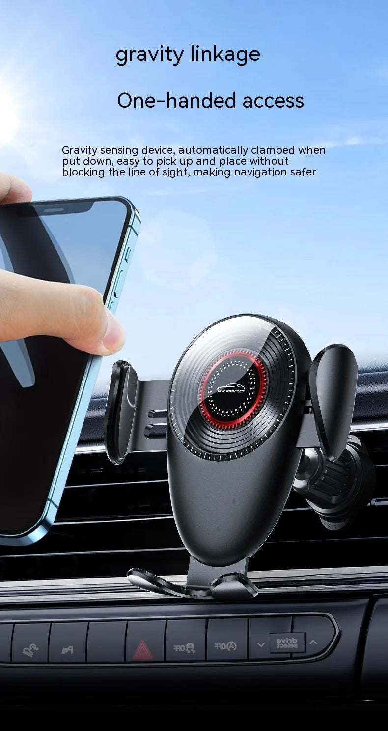 Matte black universal car phone bracket with mechanical support frame mounted on car dashboard