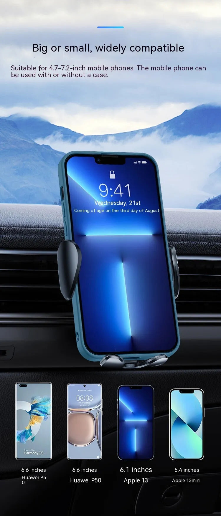 Matte black universal car phone bracket with mechanical support frame mounted on car dashboard