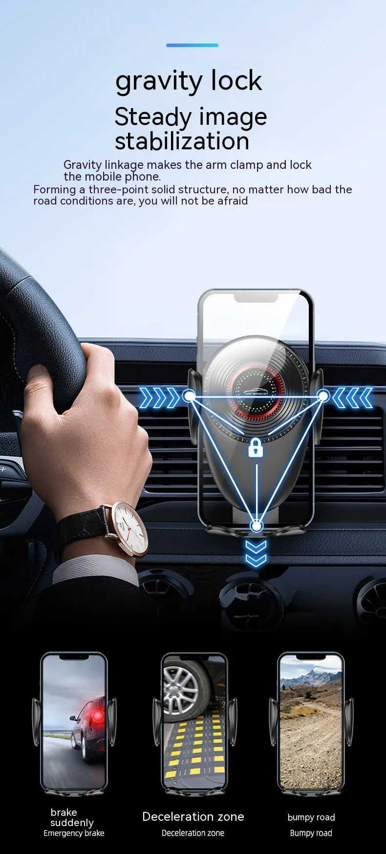 Matte black universal car phone bracket with mechanical support frame mounted on car dashboard