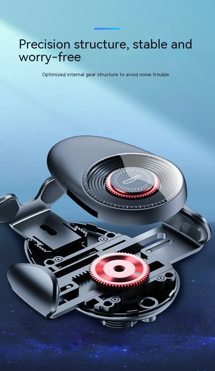 Matte black universal car phone bracket with mechanical support frame mounted on car dashboard