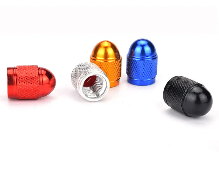 Aluminium alloy mountain bike tyre valve cap in silver, red, blue, black, and gold colours