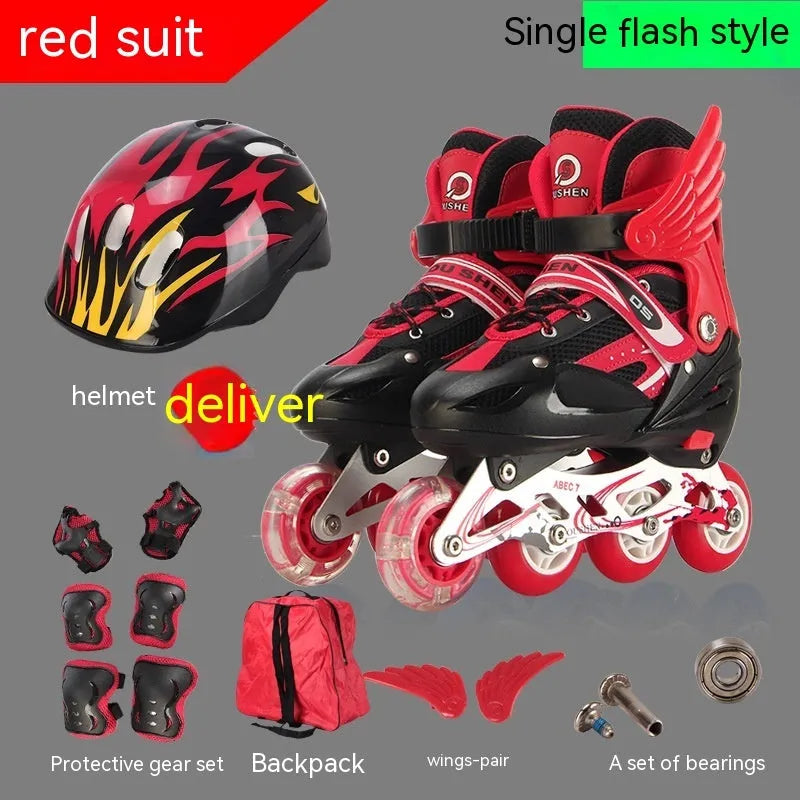 Adjustable children's skating shoes in five colours with aluminium bracket, helmet, and protective gear set