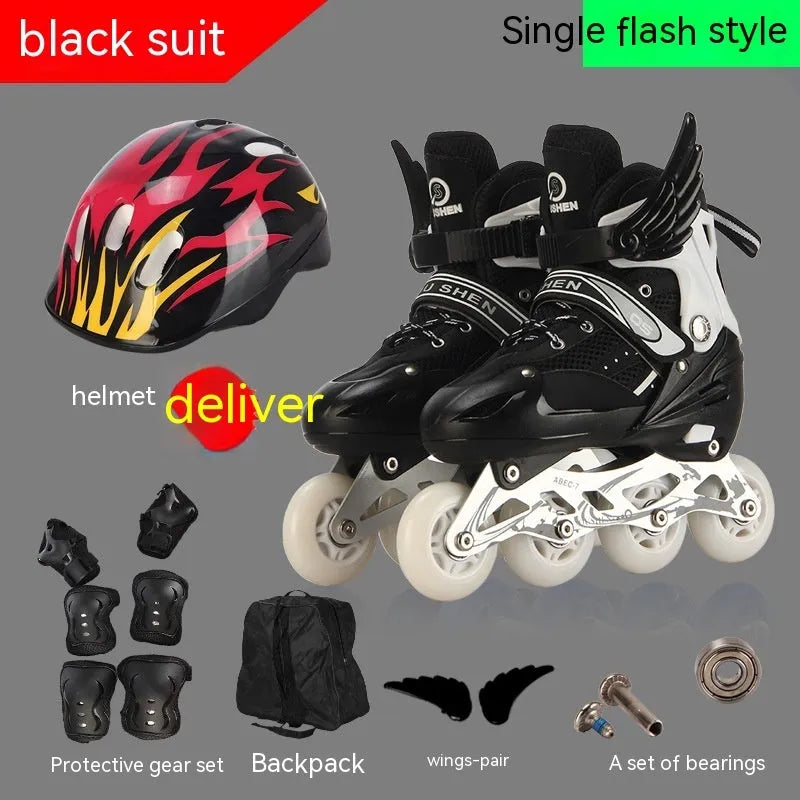 Adjustable children's skating shoes in five colours with aluminium bracket, helmet, and protective gear set