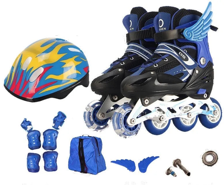 Adjustable children's skating shoes in five colours with aluminium bracket, helmet, and protective gear set