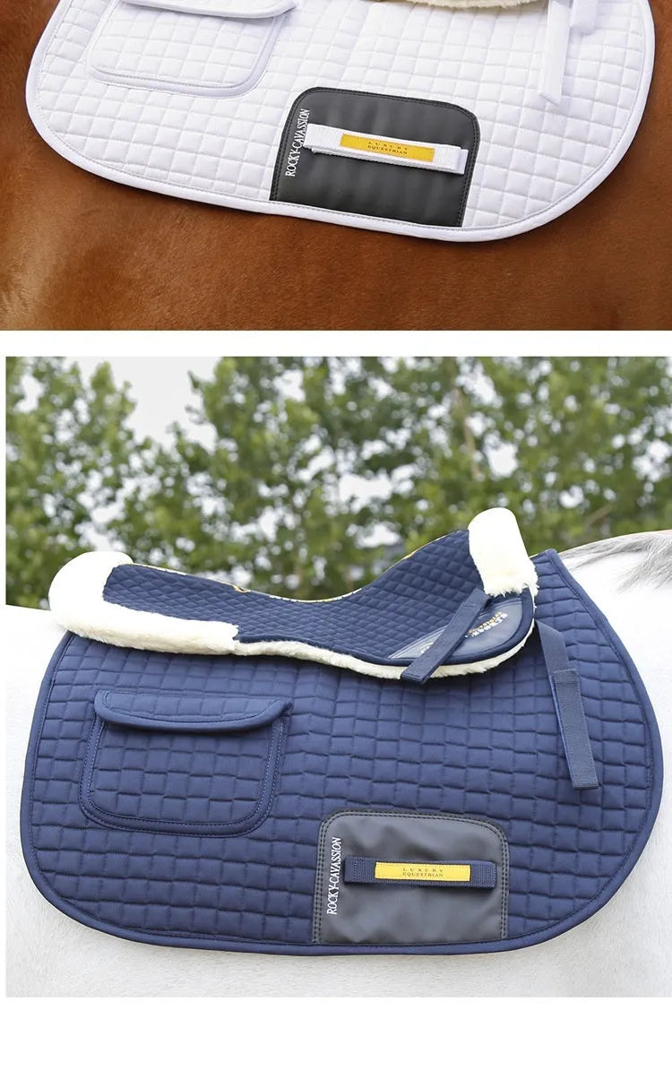 Riding shock absorption wool pad showing 2cm thickness and adjustable waist fastening for equestrian and cycling protection