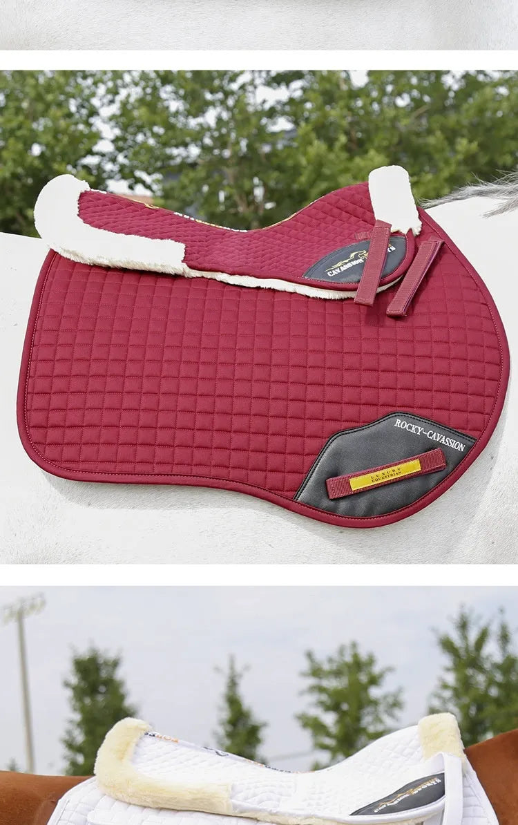 Riding shock absorption wool pad showing 2cm thickness and adjustable waist fastening for equestrian and cycling protection