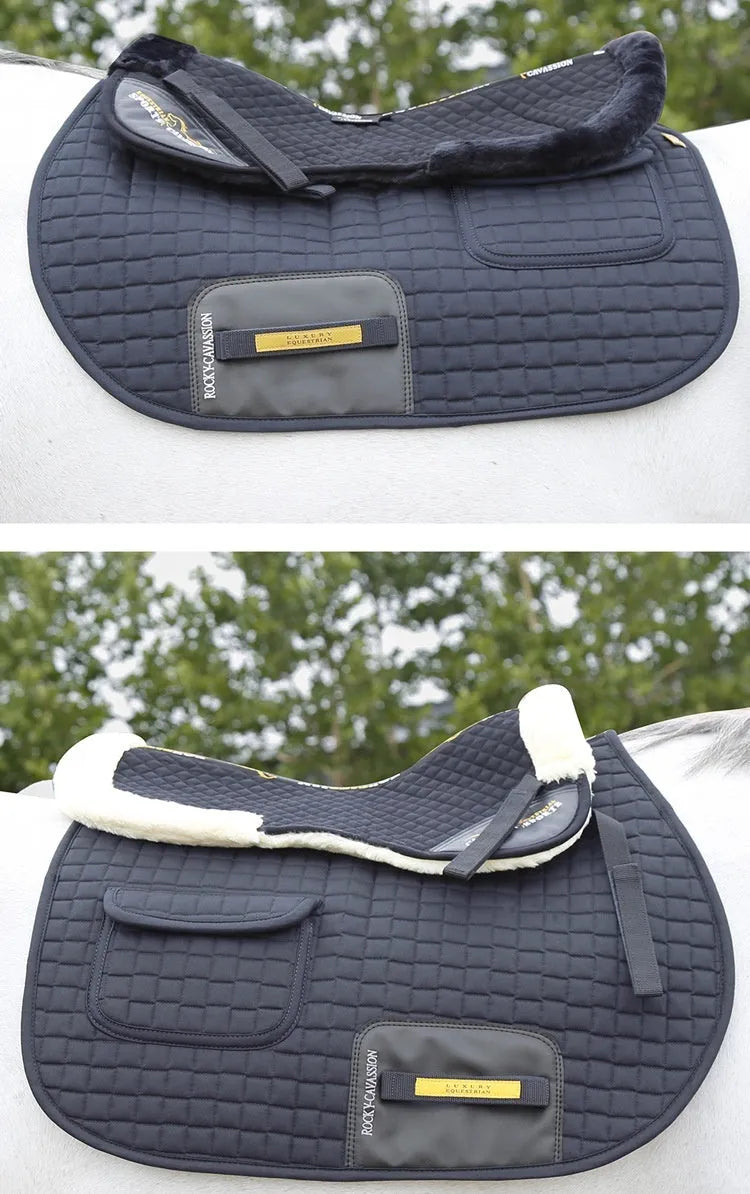 Riding shock absorption wool pad showing 2cm thickness and adjustable waist fastening for equestrian and cycling protection