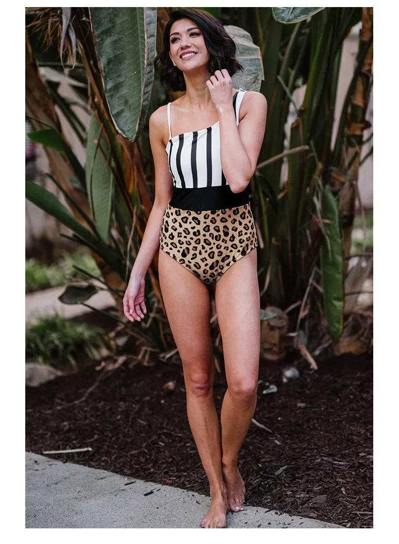 Women's leopard print one-piece swimsuit with asymmetric collar and high waist design for swimming