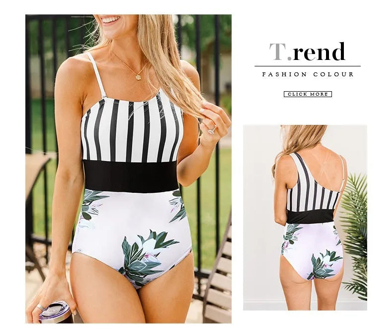 Women's leopard print one-piece swimsuit with asymmetric collar and high waist design for swimming