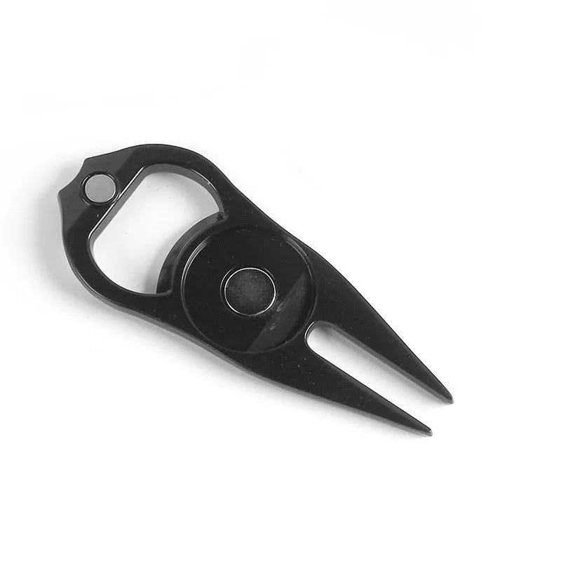 Golf putting green fork with metal ball yoke and bottle opener in black, green, or silver finishes