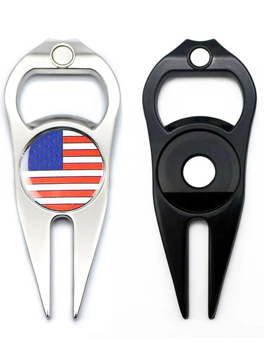 Golf putting green fork with metal ball yoke and bottle opener in black, green, or silver finishes