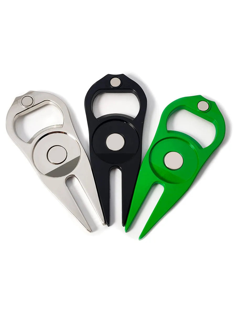Golf putting green fork with metal ball yoke and bottle opener in black, green, or silver finishes