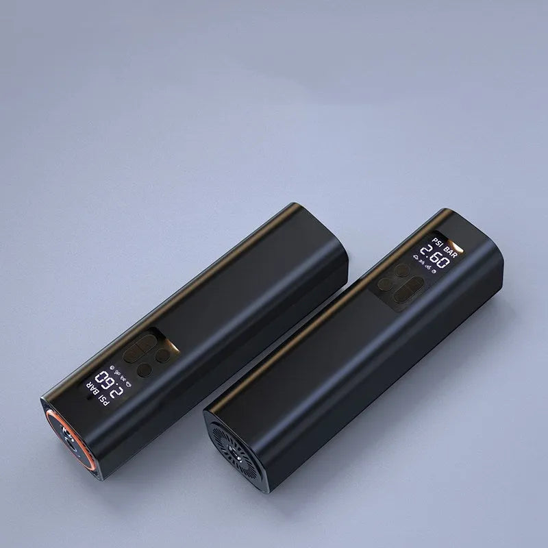 Black digital car tyre inflator with LCD display showing pressure readings, compact design with 18cm hose