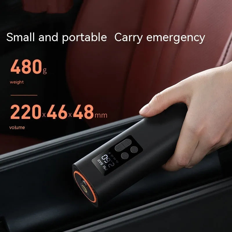 Black digital car tyre inflator with LCD display showing pressure readings, compact design with 18cm hose