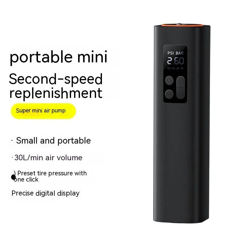 Black digital car tyre inflator with LCD display showing pressure readings, compact design with 18cm hose