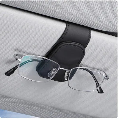 Car sunglasses holder clip with PU leather case attached to vehicle sun visor