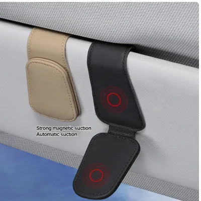 Car sunglasses holder clip with PU leather case attached to vehicle sun visor
