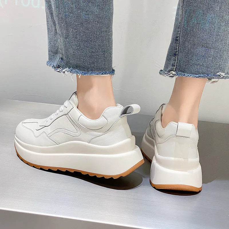 Women's beige cattlehide leather casual sports shoes with cross-strap and 3cm English muffin heel