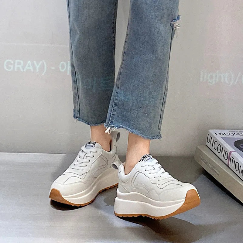 Women's beige cattlehide leather casual sports shoes with cross-strap and 3cm English muffin heel
