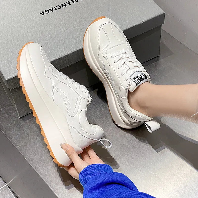 Women's beige cattlehide leather casual sports shoes with cross-strap and 3cm English muffin heel