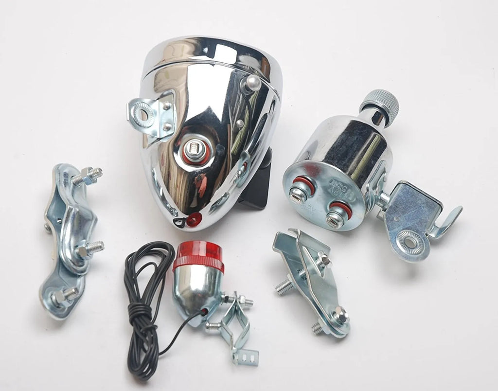 Silver bicycle generator light modification kit with dynamo for friction-powered 12V 6W lighting