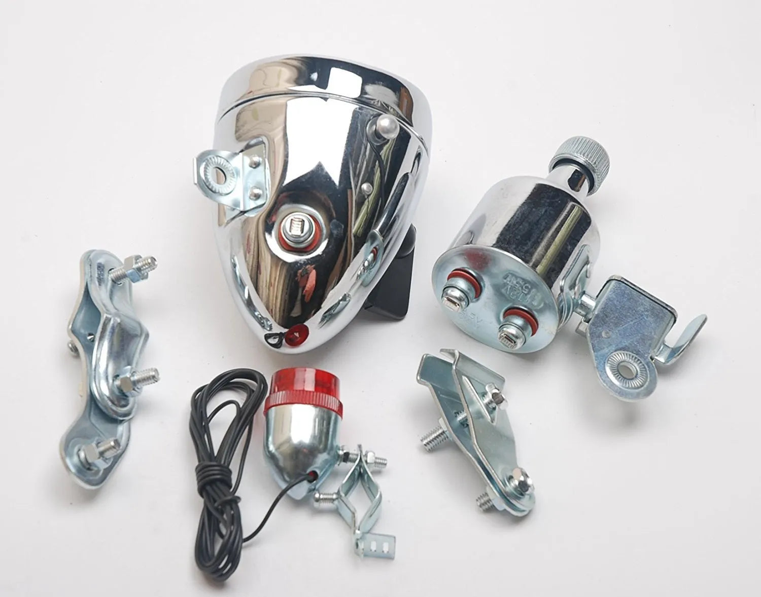 Silver bicycle generator light modification kit with dynamo for friction-powered 12V 6W lighting