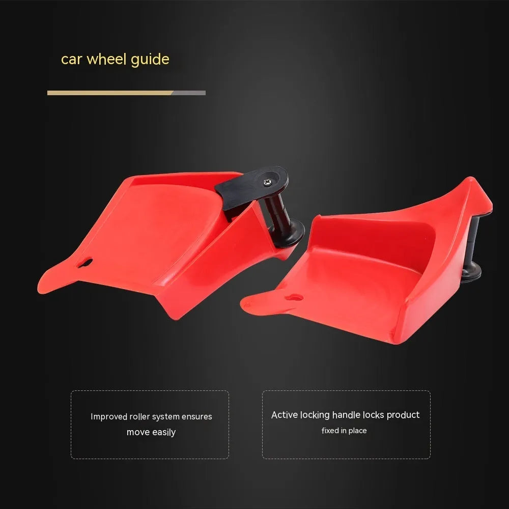 Set of four bright red plastic triangle parking blocks with a non-slip rubber surface.